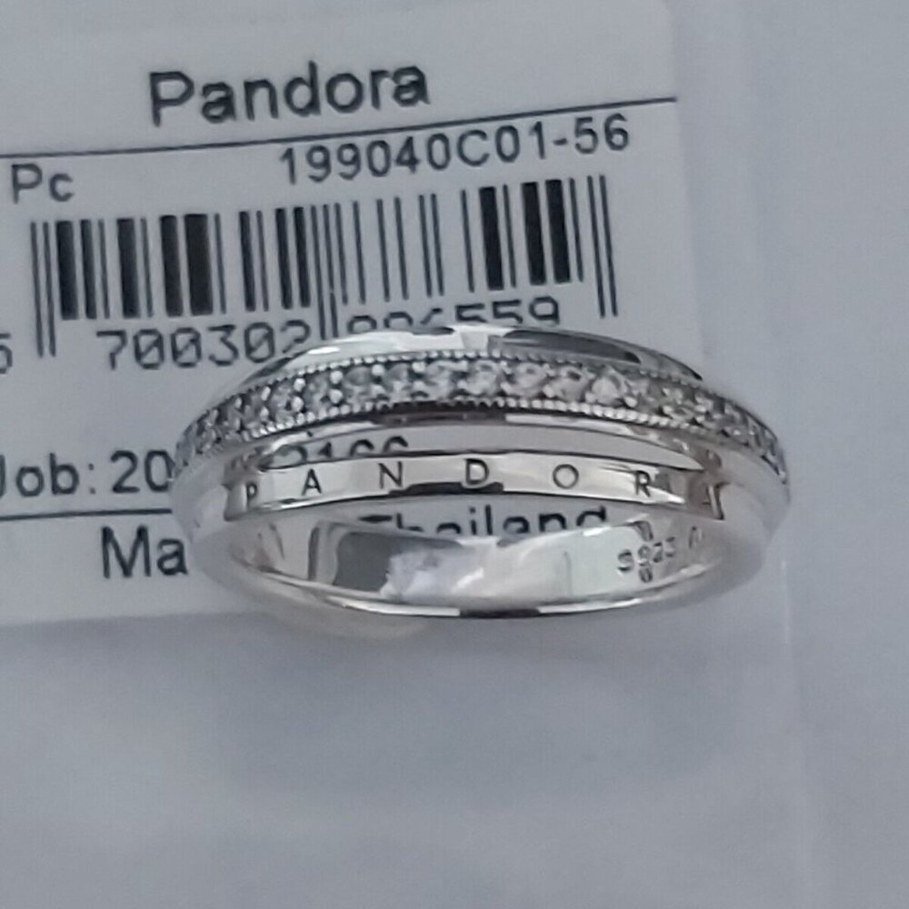 Authentic PANDORA Sterling Silver Triple Band Pavé Logo Ring 199040C01-56